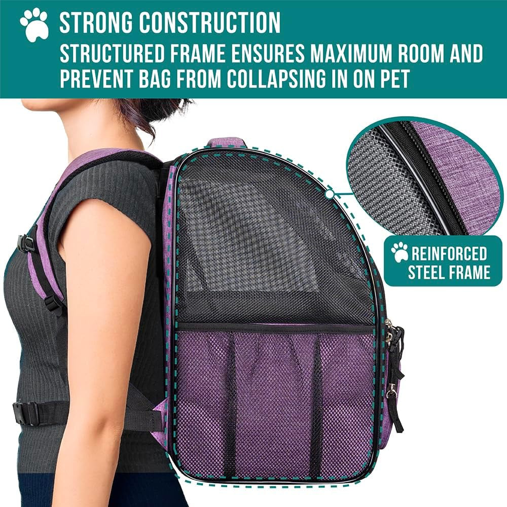 Deluxe Pet Carrier Backpack for Small Cats and Dogs, Puppies | Ventilated Design, Two-Sided Entry, Safety Features and Cushion Back Support | for Travel, Hiking, Outdoor Use