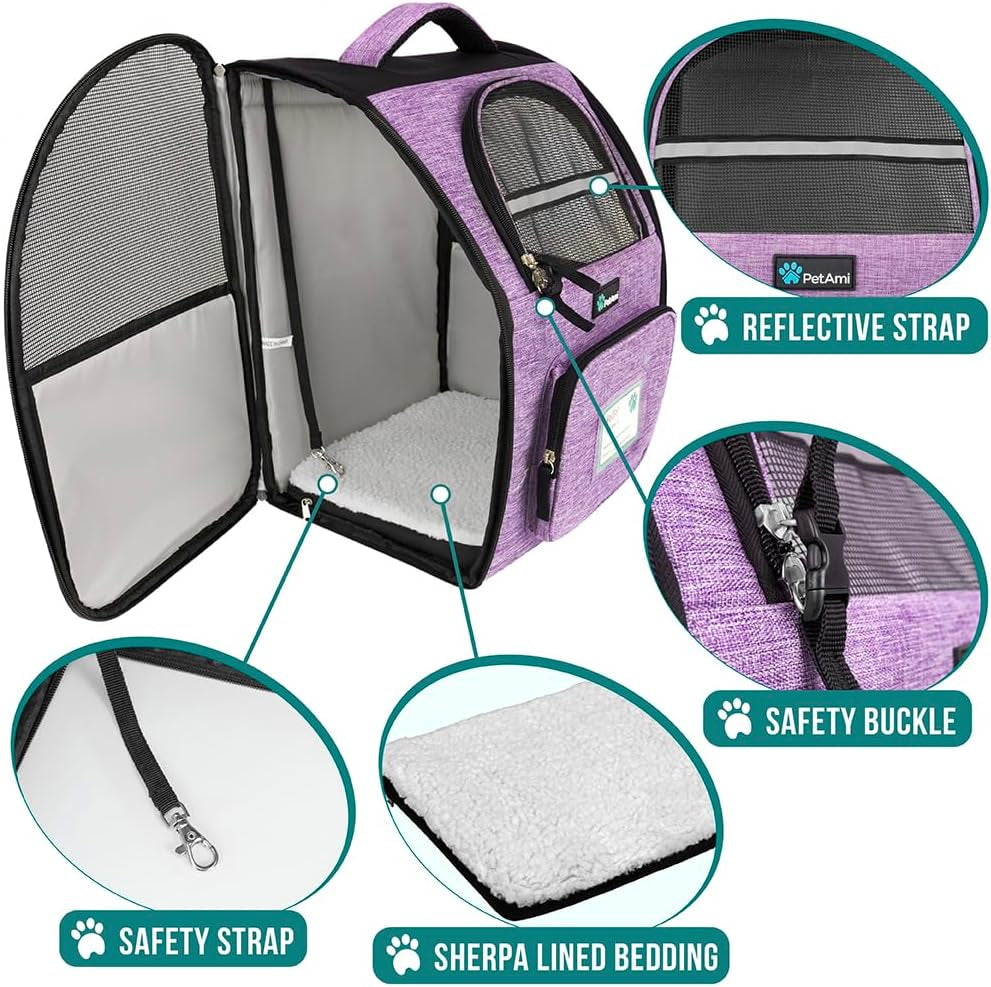 Deluxe Pet Carrier Backpack for Small Cats and Dogs, Puppies | Ventilated Design, Two-Sided Entry, Safety Features and Cushion Back Support | for Travel, Hiking, Outdoor Use