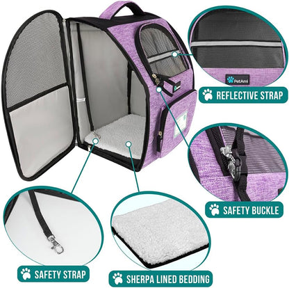 Deluxe Pet Carrier Backpack for Small Cats and Dogs, Puppies | Ventilated Design, Two-Sided Entry, Safety Features and Cushion Back Support | for Travel, Hiking, Outdoor Use